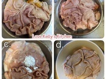 step2: 豬肚洗淨(參考下圖);
a) 反轉豬肚入面有d黃色既黏液, 一定要撤底清洗，用刀去刮走d污糟野，再用水冲一冲；
b) 用鹽那一那佢，醃15分鐘，洗乾淨重覆兩次；
c) 用豆粉撈均豬肚，醃15分鐘，洗乾淨重覆兩次；
d) 用白醋醃一醃，醃15分鐘，洗乾淨重覆兩次；