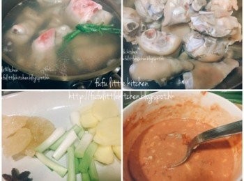step1: 材料預備：

1. 豬手粒與蔥結放入滾水中，汆水盛起備用。
2. 花生用水浸2小時，備用。
3. 南乳壓碎加入蒜蓉及水拌勻，備用。