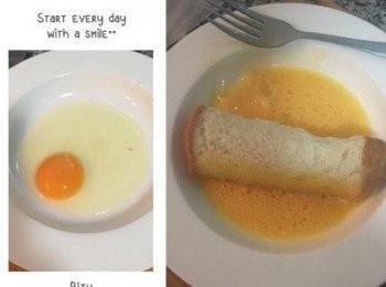 step2: 全蛋加入鹽或糖（依各人喜好，如加糖則放約1茶匙））打勻後將土司放入滾一圈，讓土司沾滿蛋液。