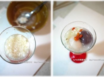 step5: 6 接著把酒釀湯倒入高腳杯至七分滿後，將湯圓及枸杞放入杯裡即可