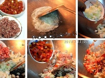 step2: 自製《鋪底披薩醬》：

起鍋先放進無鹽奶油酌量
奶油融化後
依序加進洋蔥丁、豬絞肉、蕃茄丁
拌炒後加些素蠔油、一點糖
還有蕃茄醬少許拌炒均勻