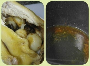 step2: 將雞放入飯煲内。。。不用加水。。。蓋上蓋。。。按煑飯制。。。跳制後不要打開。。。蓋焗30分鐘。。。取出獨子蒜及黑蒜留用。。。雞斬件!
如要做黑蒜雞油飯。。。則雞油及雞汁亦盛起留用!