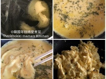 step3: 熱鑊後放入適量牛油溶掉，倒入蛋漿及加少許parsley香草，邊小火加熱邊攪拌成炒蛋。