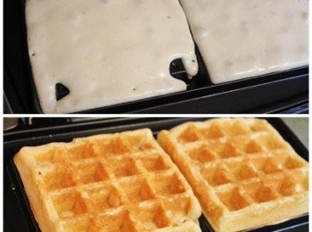 step4: 鬆餅機預熱. 舀入適量的麵糊後, 蓋上蓋子. 烤熟至表面上色即可