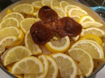 step6: 叠製方式是一層檸檬一層冰糖,中間隨意一層放果皮。(果皮可預先切絲同放, 但我嗰人唔想果皮太溶化, 所以差不多燉完先切絲。)