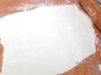 step5: 在桌上灑上麵粉，從膠袋取出麵糰，反覆揉和約1分鐘，搓成圓形，然後用手將麵糰壓扁，再用擀麵棍擀開至1-2mm厚度。