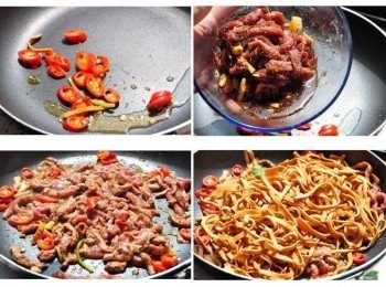 step4: 接著先將辣椒片爆香，再放入醃漬後的牛肉絲炒開，然後再放豆干絲ㄧ起拌炒