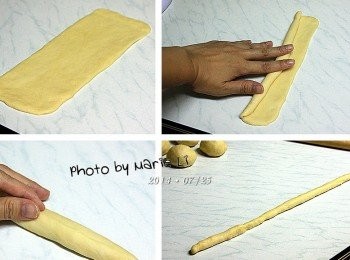 step5: 取一份麵糰擀成長方形
由一端將麵糰捲起來
將尾端稍加施壓做捏合
再將之搓成約 50cm 長條狀