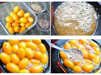 step2: 準備材料二砂(因為冰糖沒了)和梅子粉，將二砂中火煸成焦糖轉小火，放入川燙過的金桔滾煮約20分鐘，再放入梅子粉略拌攪後關火