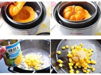 step2: 將南瓜刷洗後沖洗乾淨，在1:2的比例對切挖出內籽，放入電鍋蒸煮至熟取出備用，另外備約3大匙玉米粒入鍋，再加上1大匙二砂糖略拌炒即可