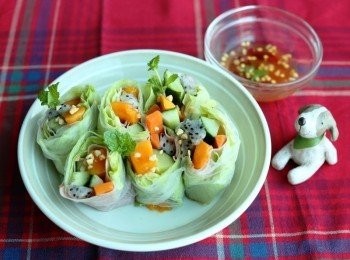 step1: 火雞片切絲。甘筍、青瓜、芒果和火龍果洗淨切長條。