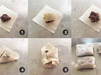 step4: 請依照圖示包裹紅豆白玉，折疊處可以沾點水來密合。