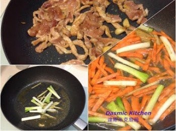 step5: 原鍋加入一茶匙油， 炒香薑絲及蔥白（約20-30秒）;

倒入胡蘿蔔絲翻炒約30秒