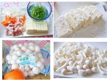 step1: 備料:準備洋蔥絲、紅蘿蔔絲、蔥絲(泡水)、五花肉絲、雞蛋豆腐、好菇道-雪白菇、 先將雞蛋豆腐輕輕的均勻沾裹地瓜粉、雪白菇切成小小段
