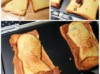 step7: 若手邊沒有酥皮或想吃得健康些，也可改用兩片吐司，以擀麵棍稍微擀平之後，放在預熱好的烤盤上，同樣在中心把擺上甜年糕、蜜紅豆，再將吐司對折，壓烤約3~5分鐘即可。