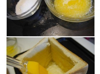 step3: 融化奶油~ 原本的半條吐司挖洞後也刷上奶油和砂糖~