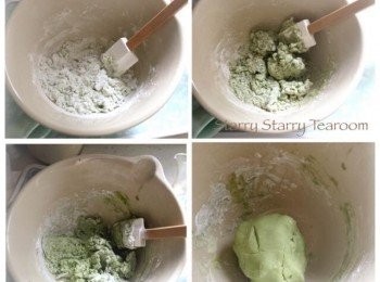 step2: 將70g糯米粉、綠茶粉和10g砂糖混合在一起，再慢慢加入熱水，搓成一個粉團。