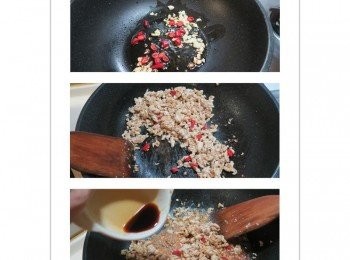 step3: 爆香蒜末辣椒.放入雞肉拌炒至7.8分熟.加入<span class="group_2">醬汁</span>