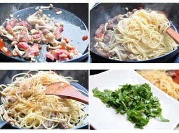 step2: 將蒜末、辣椒末、牛肉塊和好菇道系列-鴻喜菇下鍋拌炒香灑些白酒，讓菇菇釋出多醣體後並吸收牛肉香氣，再將煮熟的義大利麵放入鍋中，均勻攪拌拌炒，並灑上適量的鹽巴，及Q媽專用的香料共和國調味系列~義大利香料及七味唐辛子調味，最後再將切碎的9層塔末放入鍋中