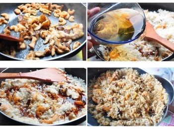 step2: 準備工作開始:先將部分香菇切丁與乾蝦米下鍋爆香拌炒後，將糯米放入鍋均勻翻炒，再加入香菇水悶煮一下，讓米粒慢慢吸收香菇水氣味，接著放入<span class="group_2">醬料</span>調味繼續拌炒，讓<span class="group_2">醬料</span>拌勻，炒至糯米約6分熟即可起鍋