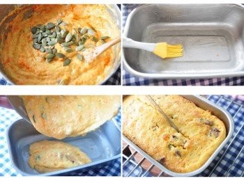 step3: (1)放入南瓜籽或是喜歡的堅果類皆可(2)將蛋糕摩塗抹上椰子油(3)倒入粉餬敲平(4)放入烤箱200度上下火45分鐘左右進行烘烤，約莫20鐘後取出於上層輕劃一刀再放入續烤