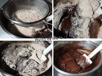 step5: 將低筋麵粉與可可粉混合後
分兩次篩進巧克力漿中
以切拌的方式拌勻成《巧克力麵糊》