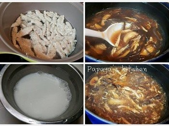 step2: 7. 將冬菇水放入雞湯，先放木耳，冬菇，素翅，雞絲，和<span class="group_2">調味</span>料
8. 馬蹄粉要和暖水搞勻先好放入湯，如果唔係啲湯就會有粉團，要攪拌一下啲湯至均勻
9. 打均隻蛋，放蛋入湯，用筷子係啲蛋上面打圈咁搞，形成蛋花
10. 用另一個煲煲水，烚熟鯪魚肉至浮面，加入碗仔翅，咁就完成啦！