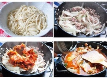 step2: 先將米麵條滾煮熟後撈起備用(灑些少許的橄欖油，才不會乾掉後黏在一起)，接著以洋蔥和絞肉炒香，再加入泡菜和適量的冷水滾煮