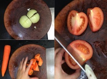 step5: 洋蔥去皮切大塊，甘筍去皮切大塊，蕃茄去蒂切大塊
（每一種也不要切細，太小在燜煮時會爛掉不見了）