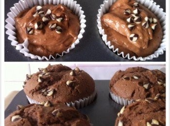 step3: 取出烘焙大紙杯，把攪拌好的麵糊倒入8分滿，表面灑少許巧克力粒做裝飾。
送進預熱好的烤箱。以190度上下火烤25分鐘左右，至熟透即可取出，待冷享用，