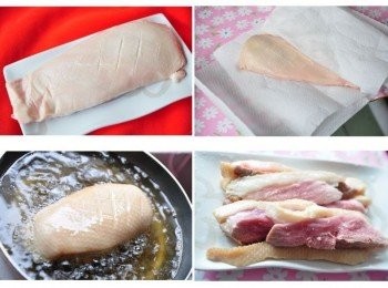 step2: 先將鴨胸退冰後沖洗，並以廚房紙巾吸乾水分，再用花生油稍微煸過瀝乾~