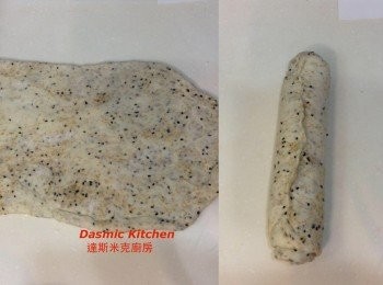 step9: 麵團翻面、 由短向捲起、 捲成圓柱體 （麵團寬度與烤盒長度大約等長！）