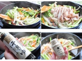 step3: 備熱油後，將所有備料鮮蔬下鍋快炒，再放入雞冠拌炒，陸續加入鮮美的淬釀-頂級帆立貝等調味