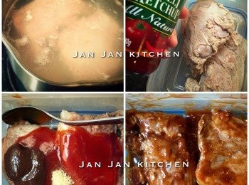 step1: 豬軟骨解凍略出水，加醃料醃數小時或過夜，記得醃汁留用。出水係唔想炆完咁多油，因為最後個汁會用番。唔想辣可以只用蕃茄醬代替，不過其實呢味菜算唔係好辣。