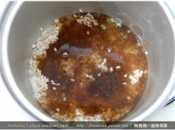 step5: 將黑木耳養生露取代水，倒在白米上，並稍微攪拌一下。