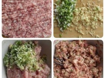 step1: 1. 豬肉洗淨剁碎（自己用刀剁啊，因為機器攪的口感會差點的）

2. 蔥薑切碎

3. 將切好的薑和部分蔥加入到剁好的肉餡中

4. 肉餡中加入生抽，料酒，鹽，糖，用筷子攪拌至上勁