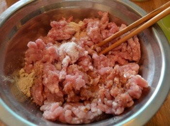 step6: 將豬絞肉放入大盆中，加入所有調味料拌勻。（麻油最後先加）