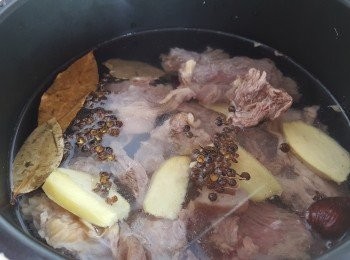 step2: 將牛筋腩及「A調味」放入電飯煲內，再倒進水份(注意水份量要蓋過牛筋腩再多一點點)。