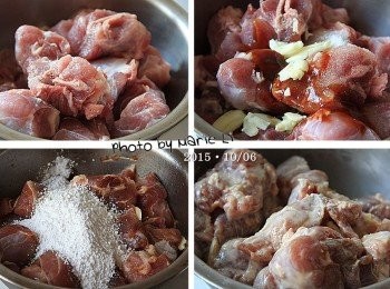 step1: 先將排骨肉洗淨瀝乾後 加入拍開的蒜瓣和醬油膏、糖、木薯粉 一起抓拌均勻後靜置半個小時以上