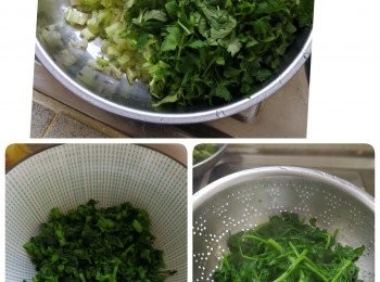 step1: 先將西洋菜烚半熟後，榨乾水切粒備用
芹菜及芫茜切粒後放入鹽撈勻，10分鐘後榨出水份備用