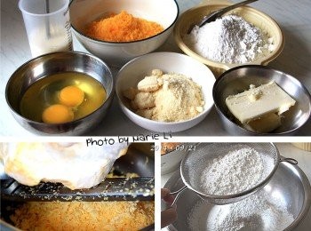 step1: 切達起司口味乾乳酪先刨成細絲備用
糯米粉和木薯粉先混合均勻後過篩
無鹽奶油以隔水加熱方式融成液狀
煉乳和水攪拌均勻備用
(可用溫水比較容易拌勻煉乳)
(也可直接使用鮮奶 140ml 來取代)
雞蛋打散備用。