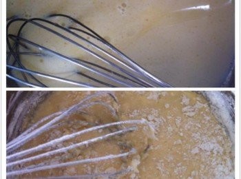 step2: 加入玉米油，fullcream牛奶輕手拌均勻。
分兩次篩入自發粉，拌均勻。
【這時可以預熱蒸爐】