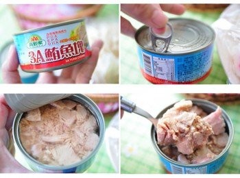 step4: 接著取出高野家3A鮪魚塊罐頭，輕輕拉提易開罐頭，滿滿整大塊的鮪魚肉及魚油香氣四溢