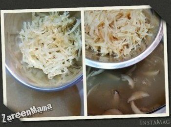 step4: 落花膠絲，瑤柱絲，冬菇絲再滾 20分鐘。