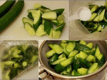 step1: 小黃瓜洗淨後切成滾刀塊狀，放入塑膠袋或夾鏈袋中，加上鹽放約10分鐘使其軟化，從袋子上方輕揉，將水份擠出並倒掉 (瀝水)。