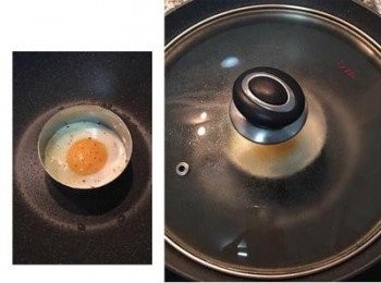 step2: 不沾鍋燒熱後抹上少許油，圓形模具也抹油，將模具放入鍋中，打入ㄧ顆蛋，轉小火，撒上少許鹽和黑胡椒粉，並在模具外灑少許水，並蓋鍋蓋將蛋白悶熟即可用鏟子鏟起備用。