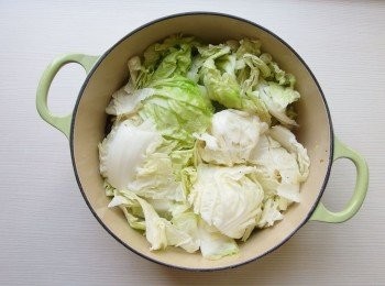 step4: 白菜切塊後丟入鍋中，稍做翻炒。