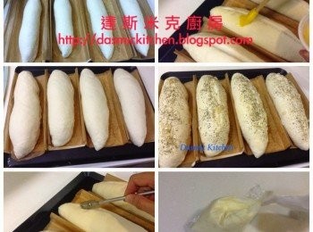 step8: 在麵糰輕劃一刀，塗抹蛋液/擠上香蒜醬，<span class="group_3">表面</span>灑上巴西利，入烤箱烘烤25-30分鐘