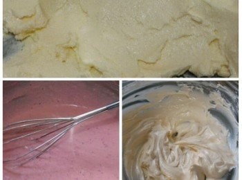 step3: 先把其中一份的忌廉芝士打至軟滑後逐少加入步驟(2)拌勻。再把另一份的忌廉芝士打至軟滑後加入檸檬汁及檸檬皮蓉拌勻。