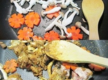 step4: 同一鍋以煎出的雞油炒香胡蘿蔔花片、菇類、青蔬
(如果準備的是大型葉菜這時放入先炒)！
加回切好的雞肉塊入咖哩粉小火拌炒至香味出、沾裹均勻，
即可將炒鍋中的<span class="group_1">食材</span>全數倒入湯鍋中備用。